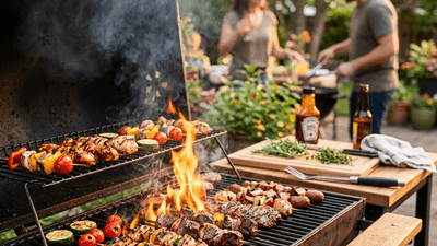 Outdoor grill with vegetables and meat sizzling over flames