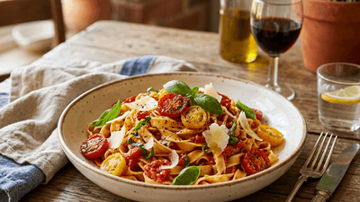 Gourmet pasta with cherry tomatoes fresh basil and parmesan on rustic table