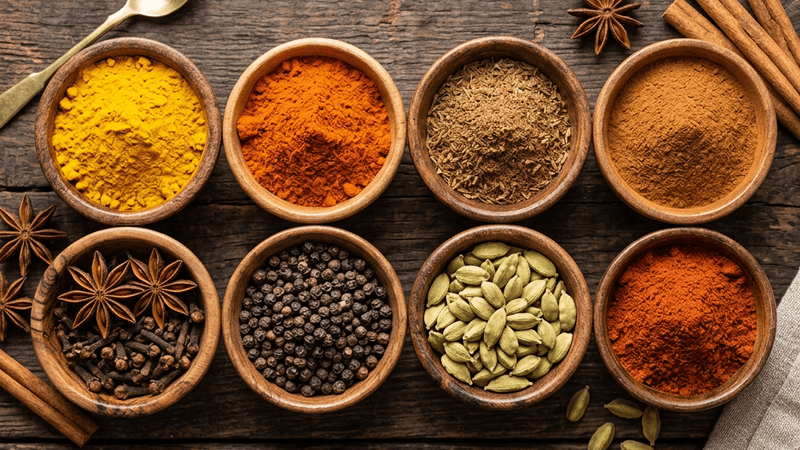 Colorful array of spices in wooden bowls on a dark surface